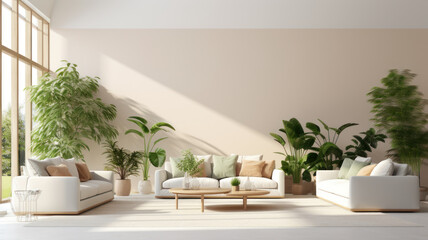 Interior of minimalist living room with green houseplants and sofas