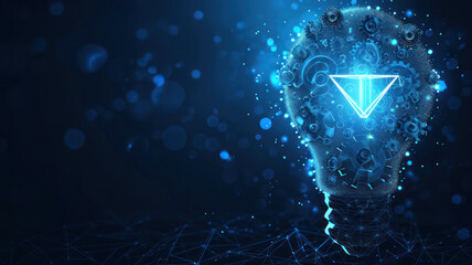 Abstract low-poly light bulb gears inside. The Internet Technology triangle icon concept