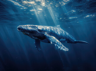  A humpback whale swimming in the deep blue ocean, sun rays shining through the surface of the water. Created with Ai 