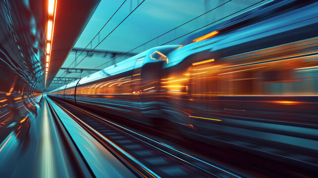 fast modern express passenger train high speed railway hyperloop moving flash light Futuristic technology hi tech future digital transport hyperloop concept