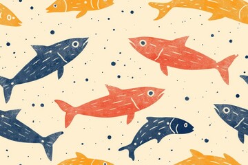 A playful, seamless pattern with hand-drawn fish in various colors on a dotted background