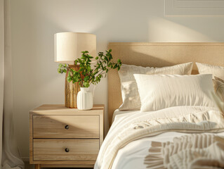 Bedroom interior, nightstand with lamp and home plant near bed