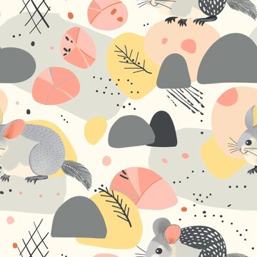 a wallpaper pattern depicting playful chinchillas hopping and frolicking among geometric shapes and pastel-colored clouds.