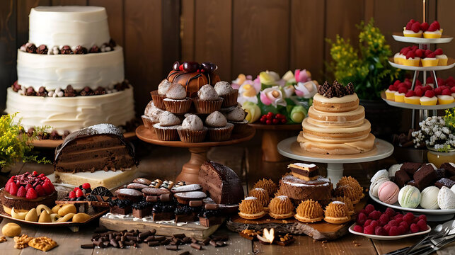 gourmet desserts including a white cake and a chocolate cake are displayed on a wooden table agains