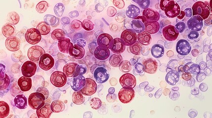A medical image of a leukemic blood smear, with an overabundance of immature white blood cells