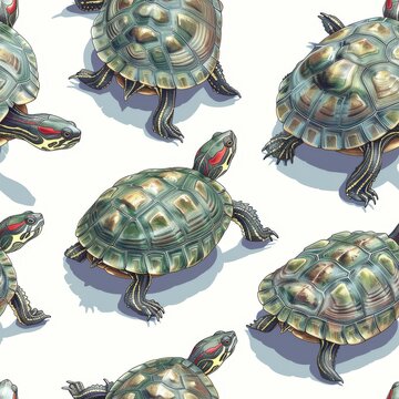 Artistic, repeatable pattern featuring detailed illustrations of turtles on a white background