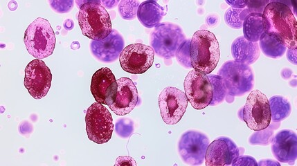 A medical image of a leukemic blood smear, with an overabundance of immature white blood cells - obrazy, fototapety, plakaty