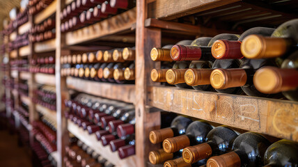 Wine bottles stacked on wooden rack, Wine collections stored in cellar on shelf
