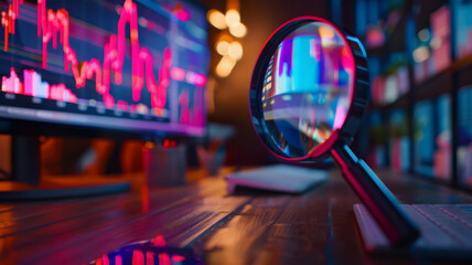 Analyzing SEO Data with a Neon Screen and Digital Magnifier. Concept SEO Analysis