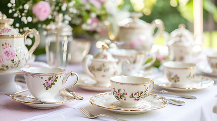 Obraz na płótnie Canvas high tea affair tea cups and saucers, silver spoons, and pink flowers arranged on a transparent bac
