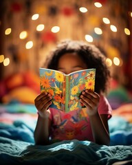 Closeup of a childs hands holding a brightly illustrated childrens book, colorful and engaging, focus on learning and early education
