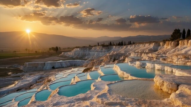 Sunset over the travertine terraces of Pamukkale, Turkey