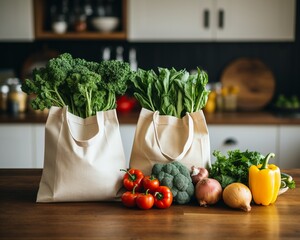 Ecofriendly shopping bags filled with organic vegetables, standing on a kitchen counter, sustainability and healthy living theme