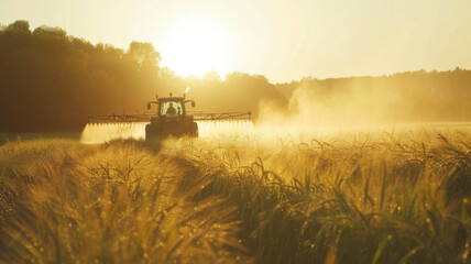 Fototapeta premium Tractor spraying pesticides in morning on soybean field