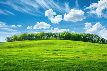 Obraz premium Smooth meadow on the hill with blue sky, beautiful landscape