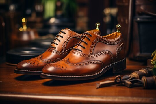Handcrafted leather shoes on a wooden surface, closeup with emphasis on texture and quality, traditional shoemaking craftsmanship