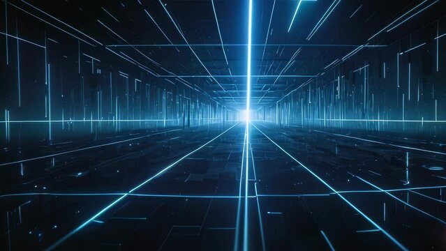 Video animation of  digital grid forming a tunnel perspective with a bright light at the vanishing point.