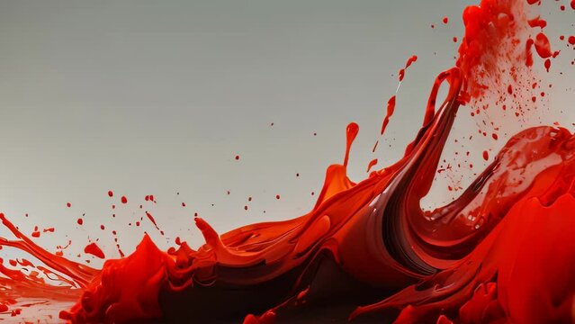 Video animation of dynamic splash of red liquid against a contrasting background.  liquid appears thick and vibrant, suggesting it could be paint or a similar substance.