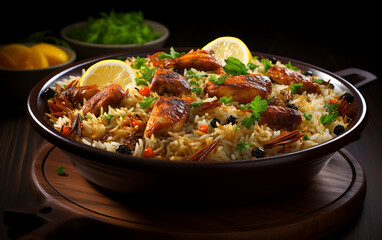 Bowl of rice with chicken and vegetables on dark wooden background.