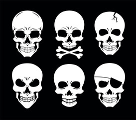 Set of 6 different skulls. Vector collection.