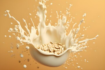 Oatmeal with milk splashes isolated on beige background, generated by AI.