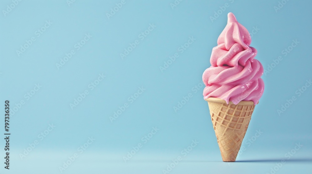 Wall mural tasty cone of pink ice cream on a light blue background with copyspace