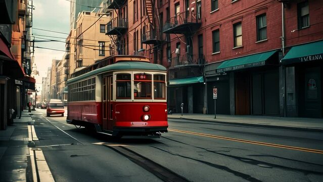 Video animation of  red vintage tram in the center, moving along tracks on a city street.  street is lined with old-style buildings with storefronts at ground level.