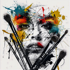 Creative Artistic Face with Paint Splashes and Brushes Conceptual Portrait
