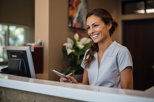 Dental office receptionist scheduling appointments and managing patient inquiries.