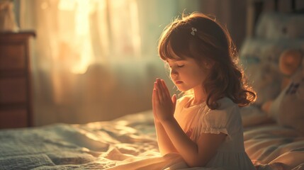 a little girl praying quietly by her bed