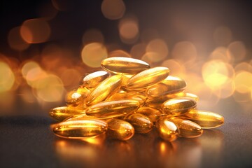 Fish oil capsules isolated on blurred background, generated by AI.
