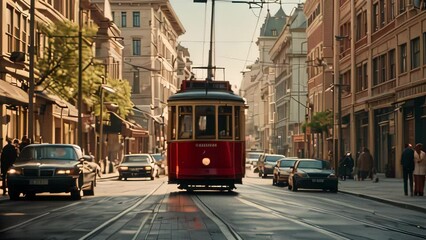Video animation of  vintage red tram positioned in the center of tram tracks.  setting is an urban street flanked by European style buildings.