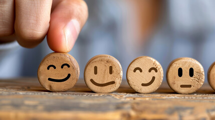 Choosing positivity a hand picks a smiling icon leaving behind neutral and sad ones highlighting customer satisfaction choices