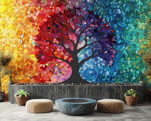Meditating serene wallpaper design with an abstract Tree of Life and vibrant chakra colors, ideal for promoting relaxation and peace - obrazy, fototapety, plakaty