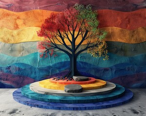 Meditating serene wallpaper design with an abstract Tree of Life and vibrant chakra colors, ideal for promoting relaxation and mindfulness - obrazy, fototapety, plakaty