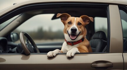 two funny dog drive a car full image isolated .Generative AI