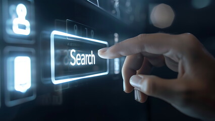 Hand touching virtual screen searching data for search engine Optimization or SEO, Internet connection online for find information, Using Search engine on website and web browser.