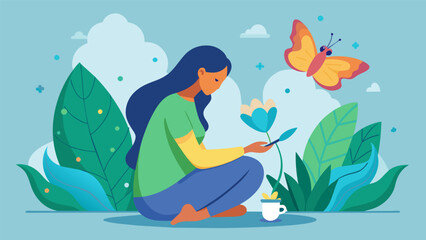 A woman sitting alone in a peaceful garden painting a butterfly symbolizing transformation and growth as she works through her own personal trauma.. Vector illustration