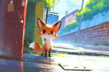 cute and happy cartoon fox on the street