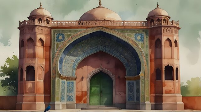 Mughal arch Picture with peacocks Watercolor style .Generative AI