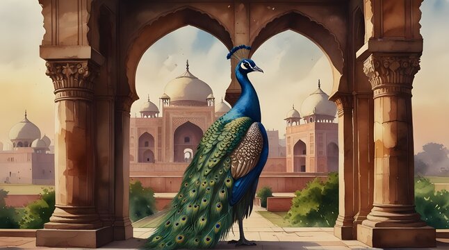Mughal arch Picture with peacocks Watercolor style .Generative AI
