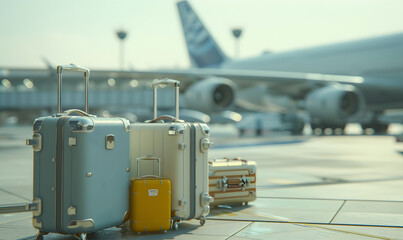 suitcase, flight, journey, transport, travel, trip, window, tourism, luxury, airplane. image background is put suitcase in terminal airport, behind that's airplane park is going to flight and travel.