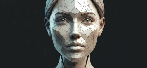 Polygonal female human face. 3D illustration of a cyborg head construction. Artificial intelligence concept