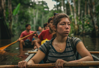 A group of people in the Amazon Rainforest, each sitting in their own canoe with oars to sail through narrow waterways and fish, float along a winding riverside during a jungle boat ride