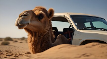 camel drive a car isolated .Generative AI