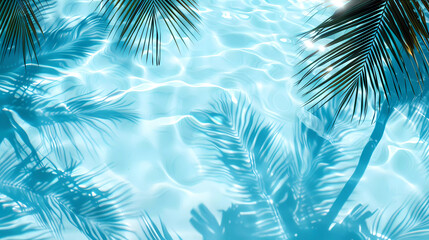 Top view of palm leaf shadow and sun light reflect on clear water surface with white sand...