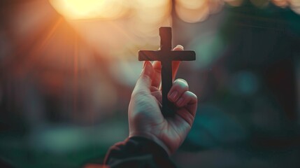Woman's hand with cross. Concept of hope, faith, christianity, religion, church online. religion Concept .pray for blessings in the church light of happiness Path to the Land of the Gods - obrazy, fototapety, plakaty