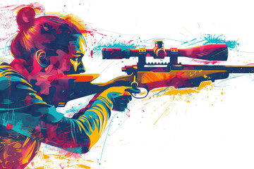 Colorful watercolor painting of athlete woman on rifle shooting practice