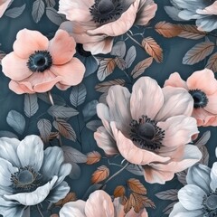 The seamless pattern of anemones and magnolia flowers