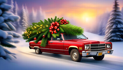  a Christmas car carrying a fir tree with New Year spruce trees scattered on snow
